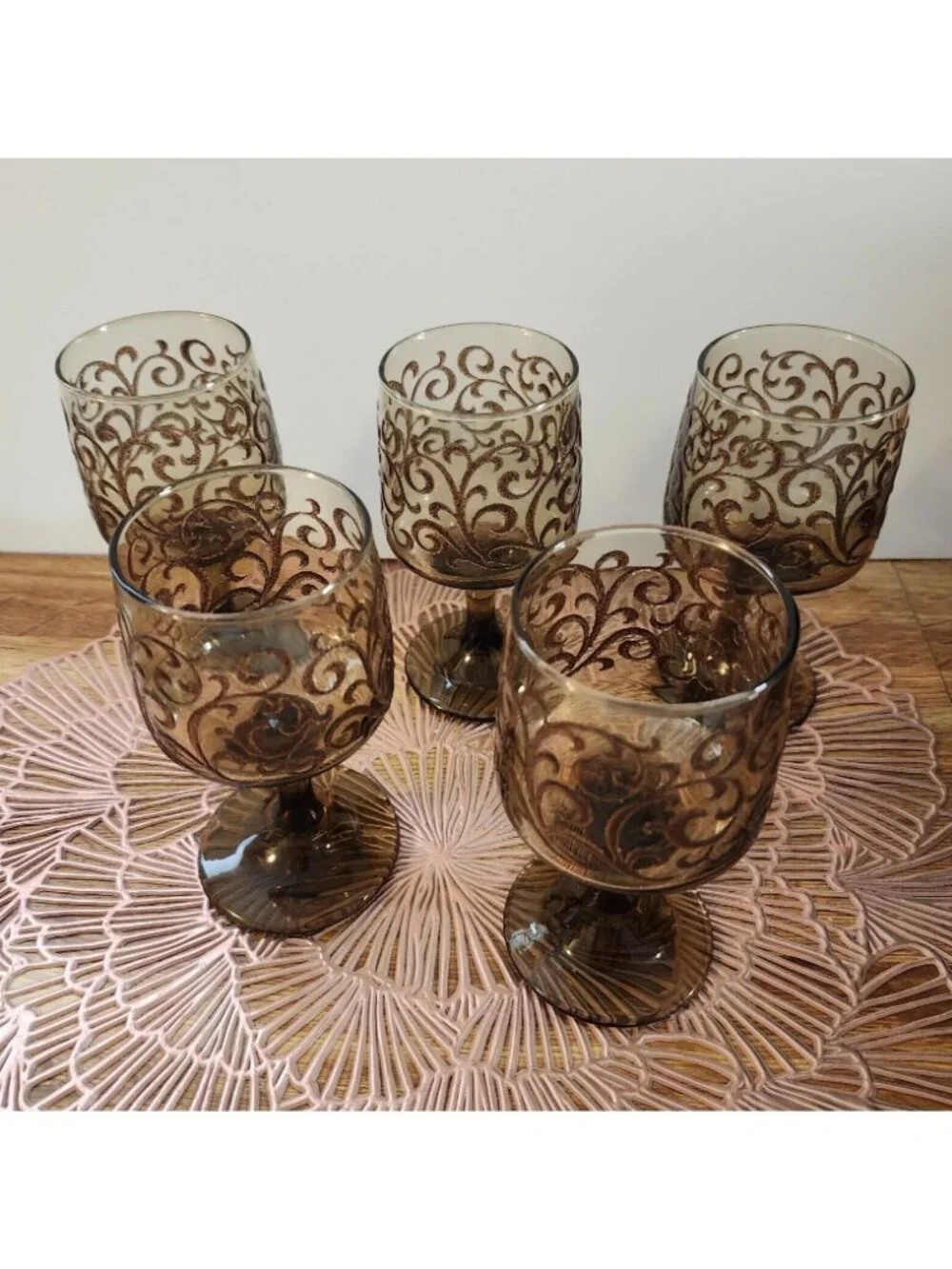 Libbey Prado Tawny Brown Raised Scroll Vintage Wine Water Goblets